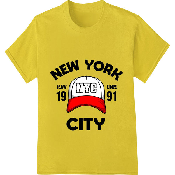 Bold NYC graphic print with skyscrapers and city skyline, perfect for urban streetwear and custom apparel designs using DTF...