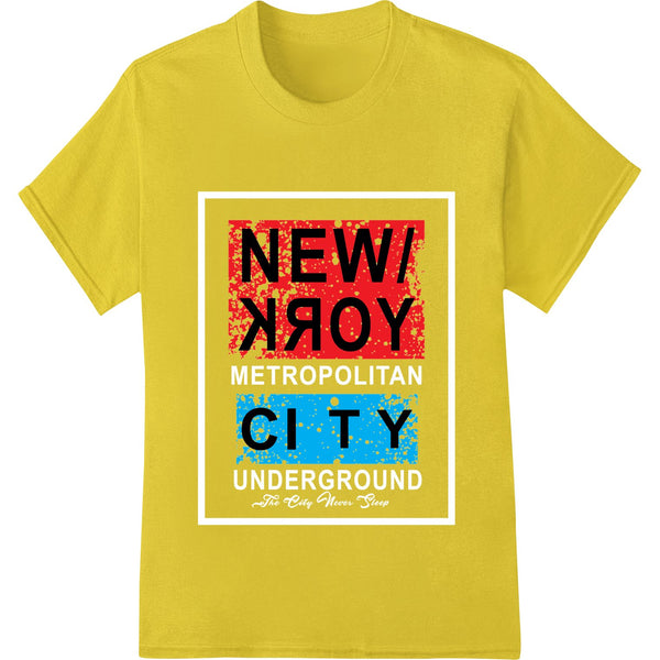 Bold graphic design featuring the NYC skyline in red and blue colors, perfect for New Year's themed apparel and merchandise.