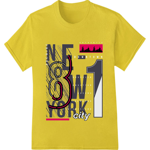 Bold typographic design featuring the New York City skyline in black and white with 'NYC' text in a stylized pop art style