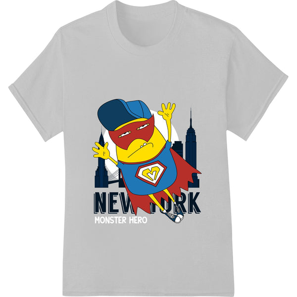 Vibrant DTF print heat transfer featuring a superhero-themed design with the New York City skyline in the background.