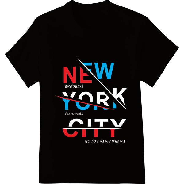 Bold black and white typographic design with 'NYC' lettering, buildings, and grungy urban elements, ideal for heat transfer...