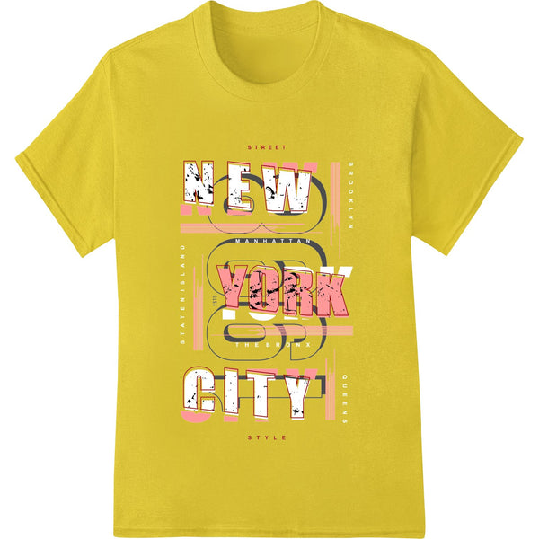 Bold typographic design featuring 'NYC' in a graffiti-inspired style, printed using the Direct to Film (DTF) heat transfer...