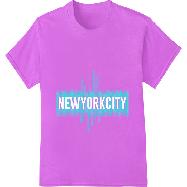 Teal graphic print featuring bold NYC typography in a classic font style, designed for heat transfer on custom apparel.