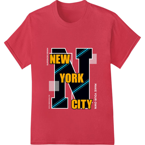 Bold typographic design with 'New York City' text in vibrant yellow and blue on a black background. Direct-to-film print.