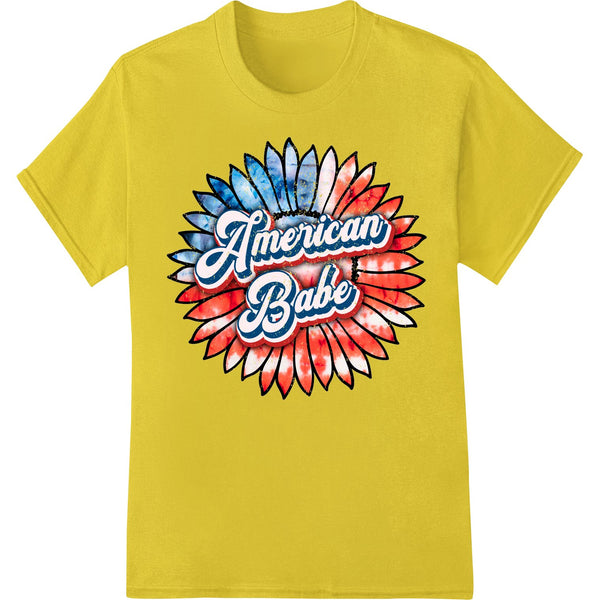 Bold printed design with 'American Babe' text on distressed USA flag background, suitable for heat transfer on apparel