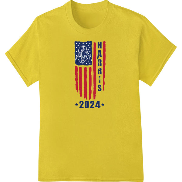 A bold and patriotic DTF print design featuring the text 'HARRIS 2024' in red, white and blue colors, suitable for heat...