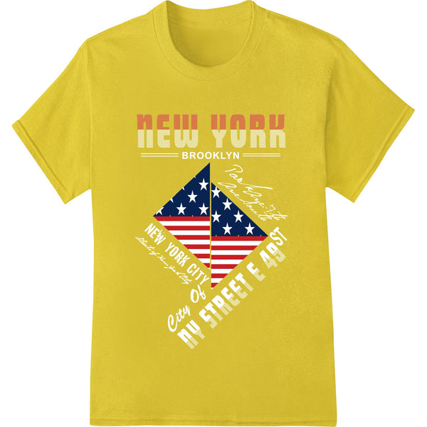 Bold and patriotic red, white, and blue American flag design with New York graphic for heat transfer printing