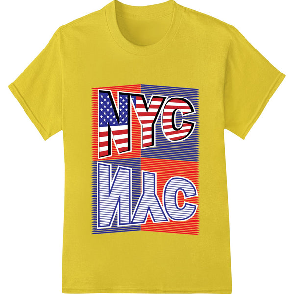 Bold graphic design featuring NYC skyline with American flag colors and patriotic elements for DTF heat transfer printing