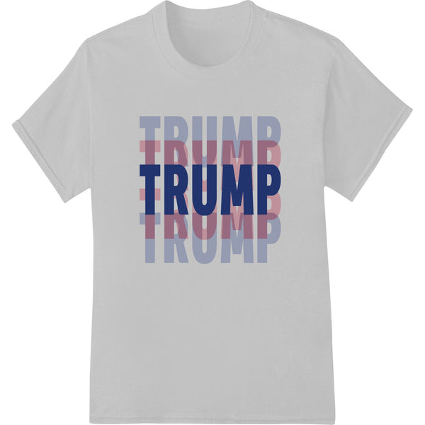 Typographic design with 'TRUMP' text in bold red, white and blue colors with stars, stylized as a DTF print heat transfer