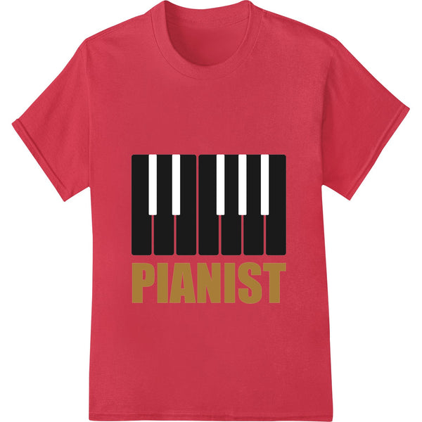 Black and white graphic print featuring the word 'PIANIST' in bold text on a transparent background