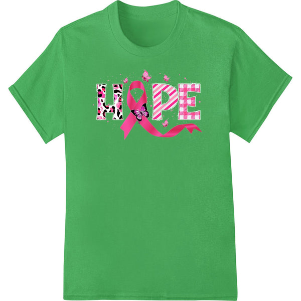 Bold pink ribbon with the word 'HOPE' in black text, designed as a DTF print for breast cancer awareness on apparel.