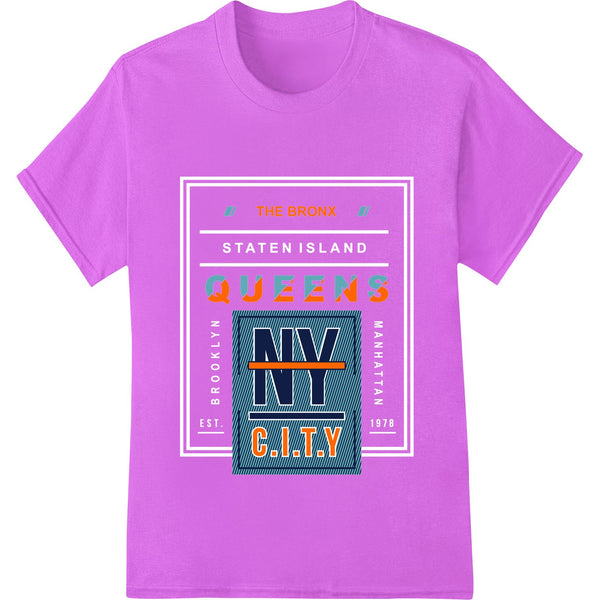 Vibrant colorful design showcasing pride for Queens, NY with bold lettering, great for DTF printing on apparel