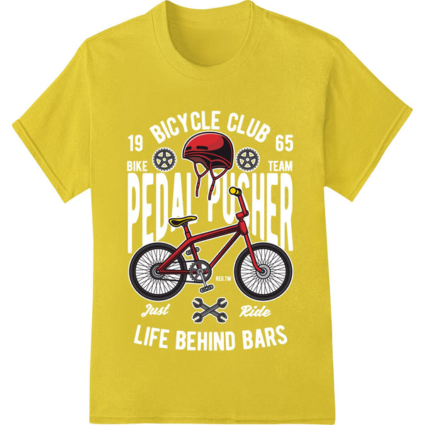 A bold red bicycle graphic design made with direct to film (DTF) printing technology for custom heat transfers on apparel.