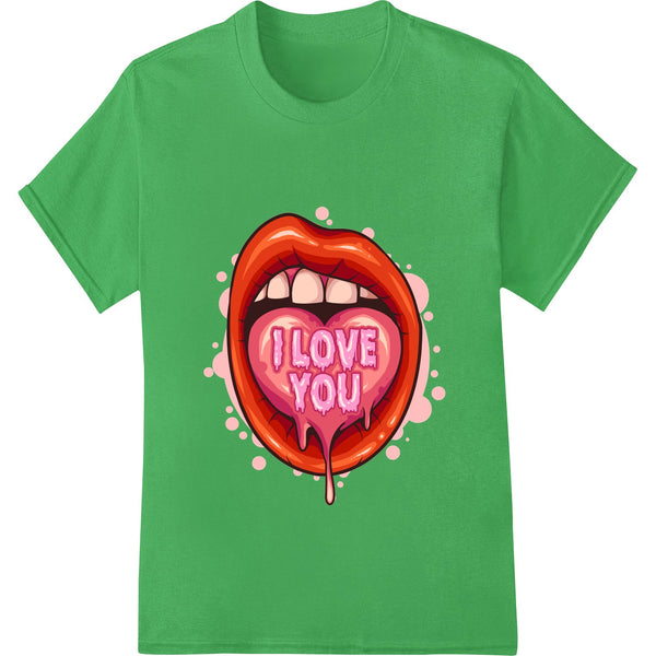 Bold red lips graphic with the words 'I LOVE YOU' in pink text, printed as a Direct to Film heat transfer for custom apparel.