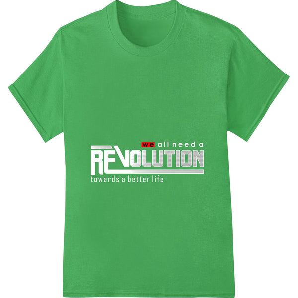 Bold red 'REVOLUTION' text DTF print heat transfer design on a white background, perfect for custom apparel printing.