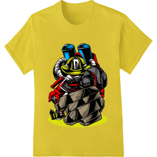 A bold, stylized graphic design featuring a robot firefighter in a dynamic pose, suitable for direct-to-film printing on...