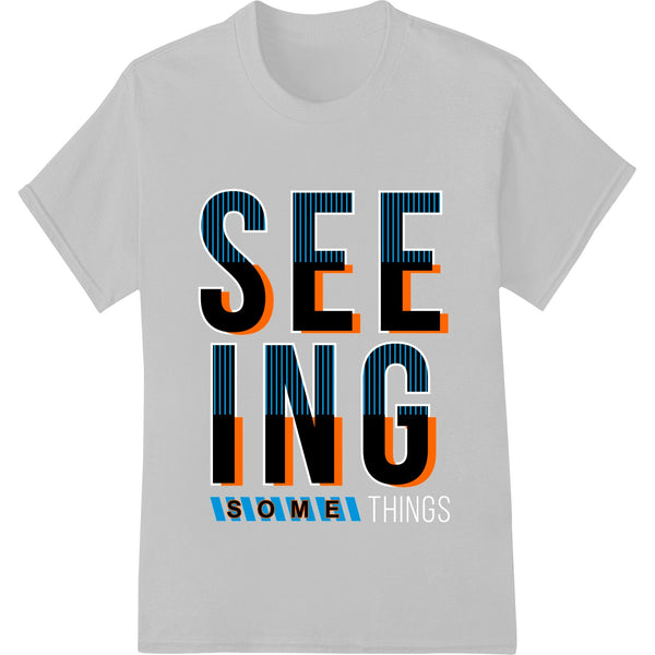 Bold black 'SEEING' text graphic design on a white background, suitable for direct-to-film heat transfers and t-shirt...