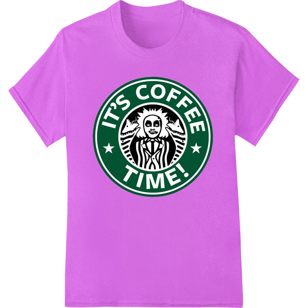 Black and white skeleton holding a coffee mug DTF print design for heat transfer on t-shirts and apparel.