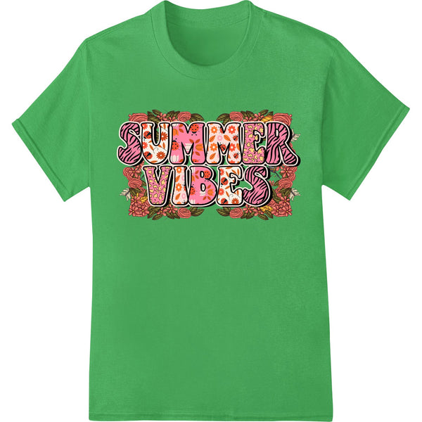 Vibrant and bold 'Summer Vibes' typography design with a colorful floral border, perfect for custom apparel and t-shirt...