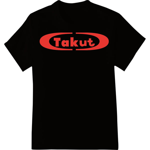 Black and white Takut logo printed using Direct to Film (DTF) technology for heat transfer on t-shirts and apparel.