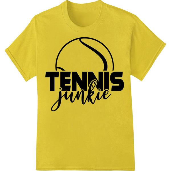 Bold 'Tennis Junkie' text design in green and white colors on a black background, suitable for heat transfer printing.