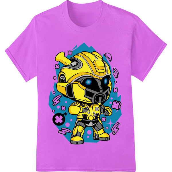 DTF print heat transfer featuring a bold and colorful transforming robot character design for custom apparel.