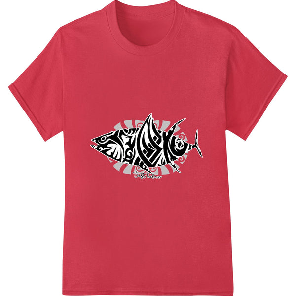 Striking black and white tribal shark design DTF print for heat transfer on custom apparel like t-shirts and hoodies