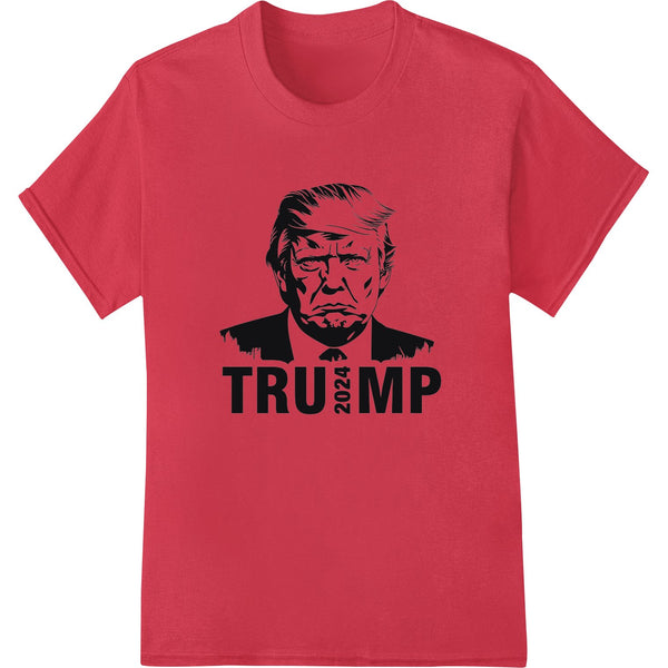 Bold portrait of Donald Trump for his 2024 presidential campaign, designed as a heat transfer print for custom t-shirts