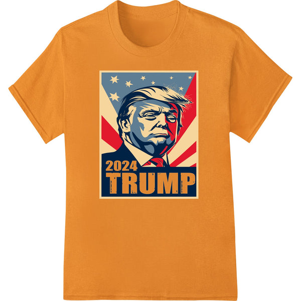 Bold Trump 2024 political campaign graphic printed using direct to film (DTF) heat transfer technology for custom t-shirts.