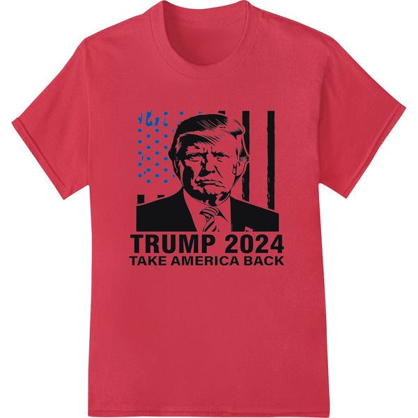 Bold red, white, and blue heat transfer design featuring a stylized portrait of Donald Trump with the text 'Trump 2024'