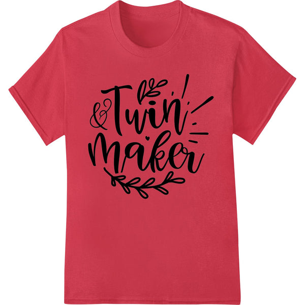 Bold yellow and black 'Twin' maker design printed on a white t-shirt using DTF or direct to film heat transfer process