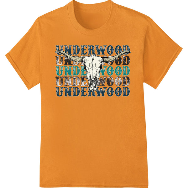 Bold black and white skull graphic with 'UNDERWOOD' text, great for direct-to-film printing on Western apparel.