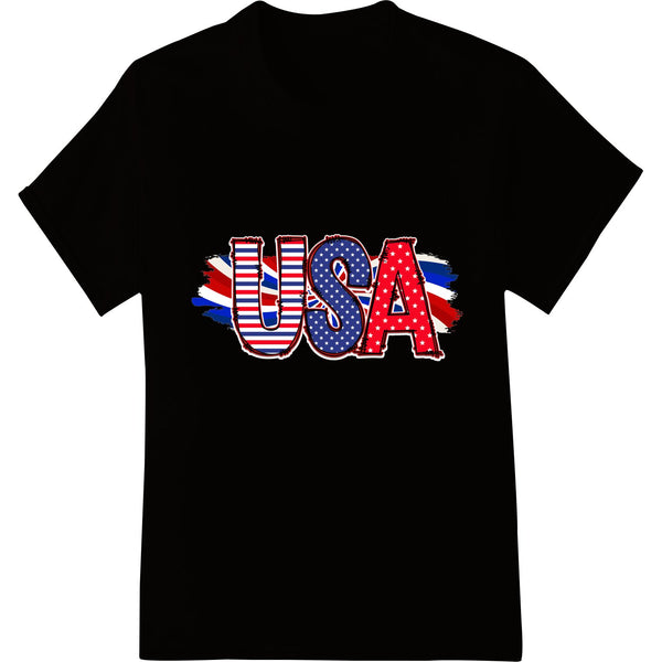 Bold USA graphic patriotic design with stars and stripes in red, white and blue colors for DTF heat transfer printing on...