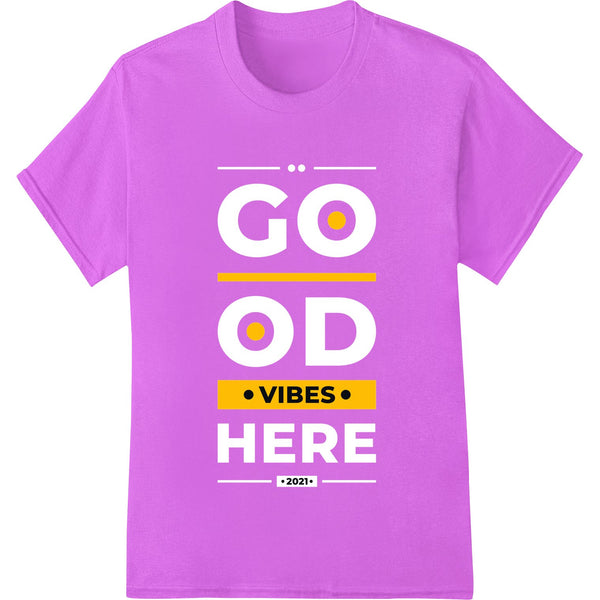 Black minimalist 'VIBES' text design on white background, direct to film heat transfer print for custom apparel & t-shirts