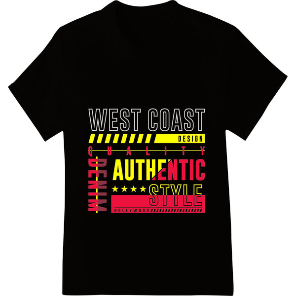 Bold black and white typography design featuring the words 'West Coast' with a distressed texture, suitable for heat...