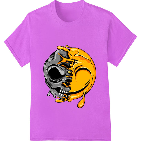 A bold yin-yang skull graphic in orange and black, perfect for custom DTF heat transfers and t-shirt printing