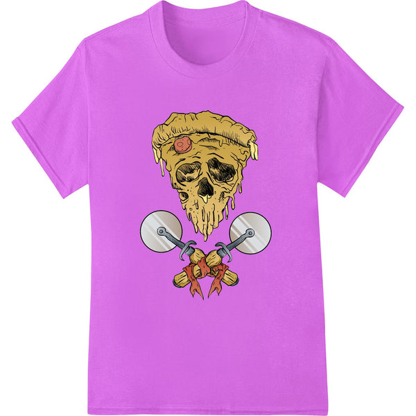 Spooky skull pizza horror design printed with DTF (Direct to Film) transfer process for custom apparel and t-shirt printing