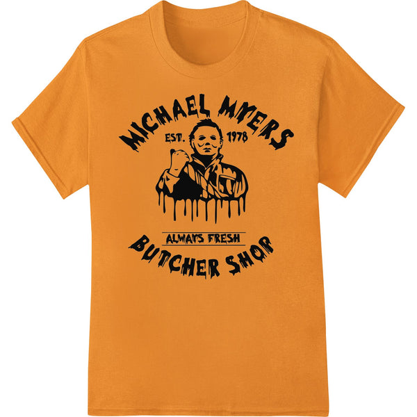 Michael Myers 'Butcher Shop' horror movie character DTF print featuring a butcher knife and bloody backdrop