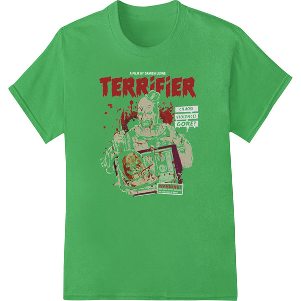 A detailed and spooky DTF heat transfer print design featuring a terrifying character from the horror film 'Terrifier'