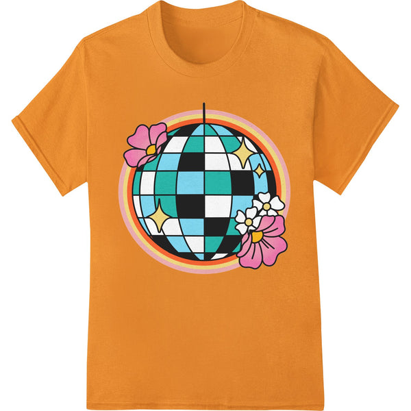 Boogie Down Disco Ball design showing a large disco ball on a colorful retro background, perfect for DTF printing on t-shirts