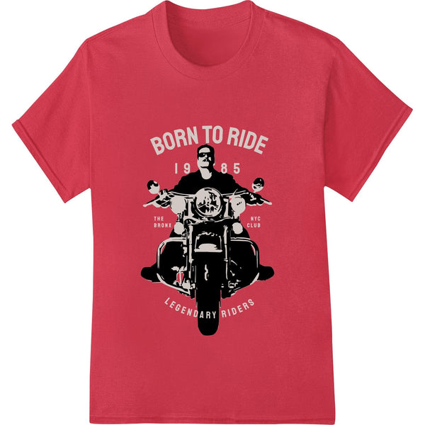 Minimalist black silhouette design of a biker riding a motorcycle on a direct-to-film heat transfer print