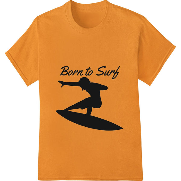 Black and white silhouette design of surfers riding waves, perfect for DTF heat transfers on apparel and merchandise.