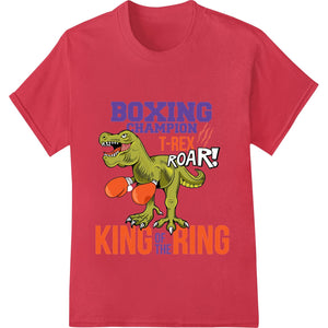 Illustration of a ferocious T-Rex dinosaur wearing boxing gloves and a championship belt, ready to rumble in the ring.