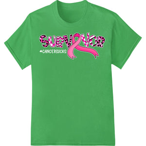 Pink ribbon graphic heat transfer design with 'Breast Cancer Survivor' text, ideal for custom t-shirts supporting the cause.