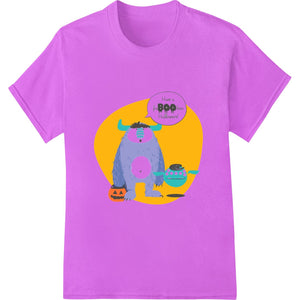 A cute, smiling purple monster character with horns and jagged teeth, made for direct-to-film heat transfer printing on...