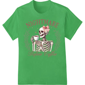 Black t-shirt with Halloween-inspired skull and pumpkin design featuring coffee cup and 'Nightmare Before Coffee' text