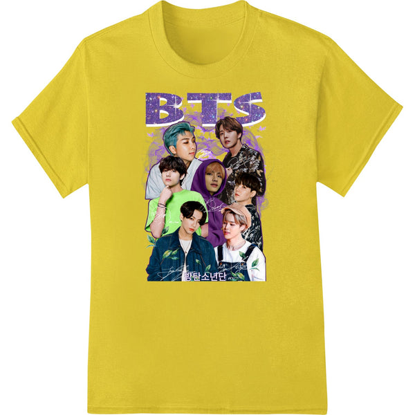 Colorful DTF heat transfer design featuring BTS logo and members for custom t-shirt printing