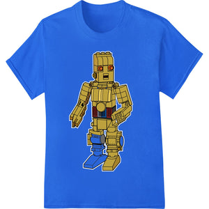 Colorful Lego robot design heat transfer for custom apparel printing using the direct to film (DTF) method.