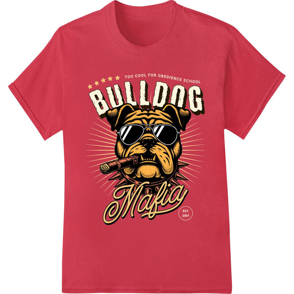 A tough-looking bulldog with a bandana and sunglasses, part of the Bulldog Mafia DTF print design for heat transfer on...