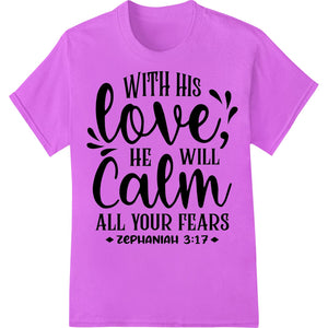 Calming Faith Zephaniah 3:17 DTF heat transfer print design featuring biblical verse on a muted floral background for...